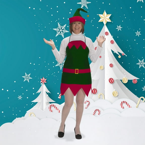The Costume Center Green and Red Christmas Elf Apron and Hat with Gold Pom Pom One Size Fits Most
