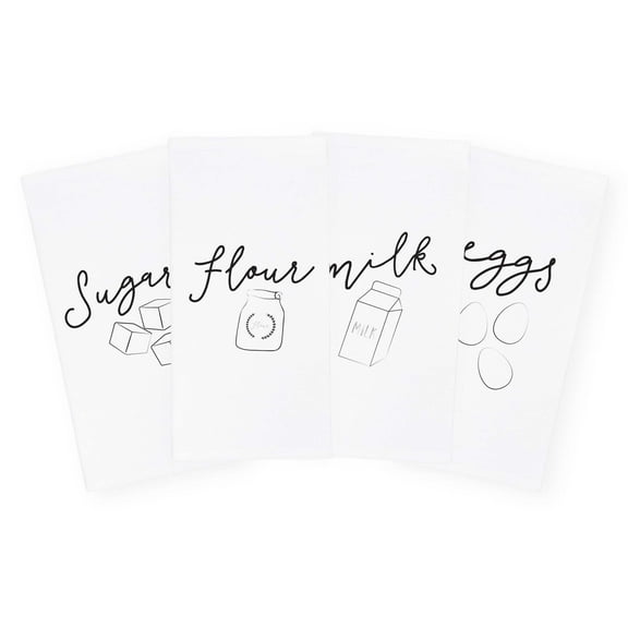 The Cotton & Canvas Co. Milk, Flour, Sugar, Eggs Soft and Absorbent Kitchen Tea Towel, Flour Sack Towel and Dish Cloth, 4-Pack