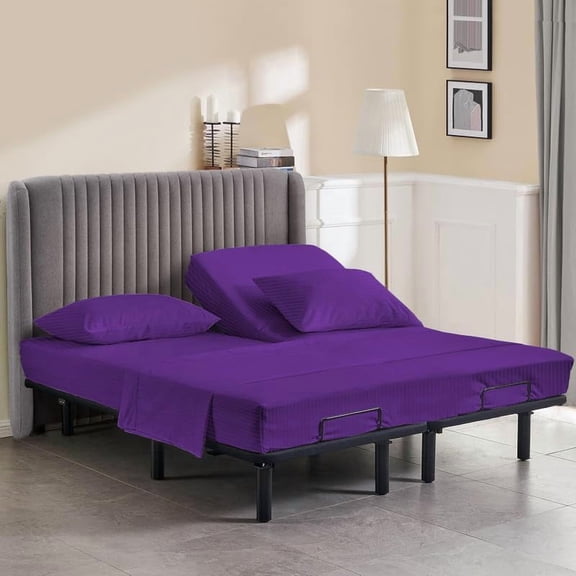 The Cotton Hub King Size Top 39" Split Flex Head 4-Piece Sheet Set for Adjustable Beds, 600 Series Pima Cotton Fits 7-9" Deep Pocket (Purple, Stripe)
