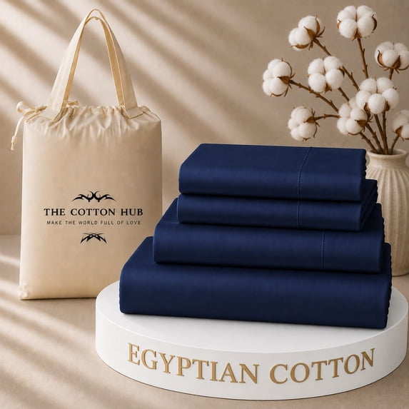 The Cotton Hub Split-California King Size Egyptian Cotton 5-Piece Sheet Set Fits 14-18 Inch Deep Pocket (Solid, Navy Blue)