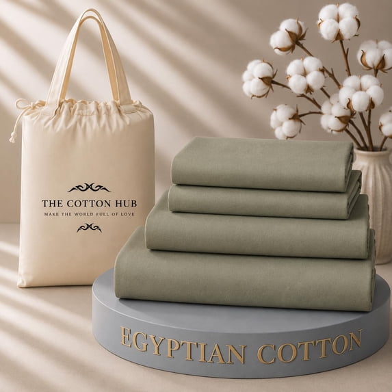 The Cotton Hub Split-California King Size Egyptian Cotton 5-Piece Sheet Set Fits 26-30 Inch Deep Pocket (Solid, Moss)
