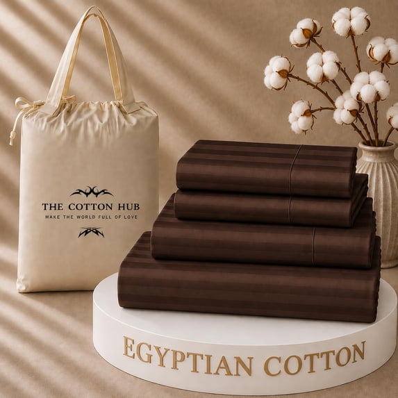The Cotton Hub Split-Queen Size Egyptian Cotton 5-Piece Sheet Set Fits 10-12 Inch Deep Pocket (Stripe, Chocolate)