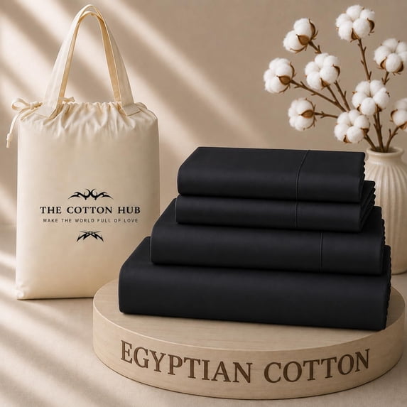 The Cotton Hub Twin Size Egyptian Cotton 4-Piece Sheet Set Fits 21-23 Inch Deep Pocket (Solid, Black)