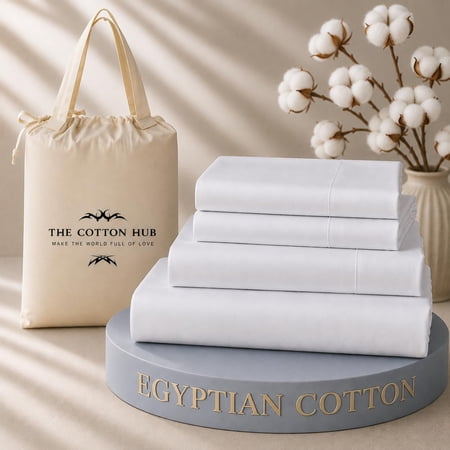 The Cotton Hub Twin Size Egyptian Cotton 4-Piece Sheet Set Fits 26-30 Inch Deep Pocket (Solid, White)