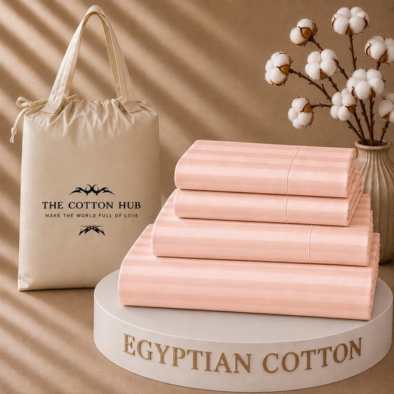 The Cotton Hub Twin-XL Size Egyptian Cotton 4-Piece Sheet Set Fits 10-12 Inch Deep Pocket (Stripe, Peach)