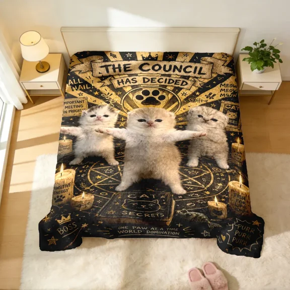 The Council Has Decided Cat Meme Flannel Blanket, Funny Kitten Council Throw for Bed Sofa, Viral Cat Lover Gift, Blankets for Bed