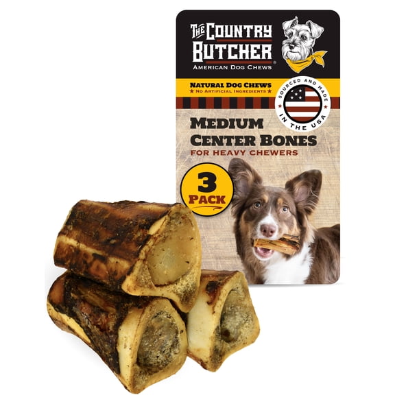 The Country Butcher Medium (4") Beef Center Dog Bones with Marrow & Meaty Pieces, Moderate to Aggressive Chewers, Made in USA, 3 Count