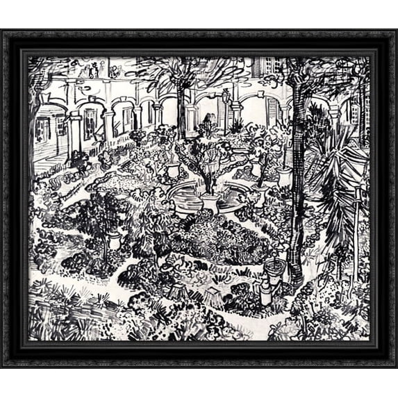 The Courtyard of the Hospital at Arles 34x28 Large Black Ornate Wood Framed Canvas Art by Vincent van Gogh