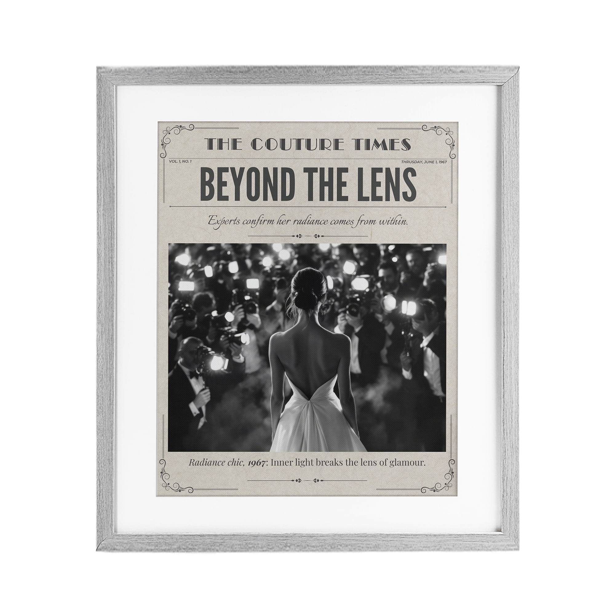 The Couture Times Magazine Gray Framed Print Under Glass, design by A Barefoot Stylist