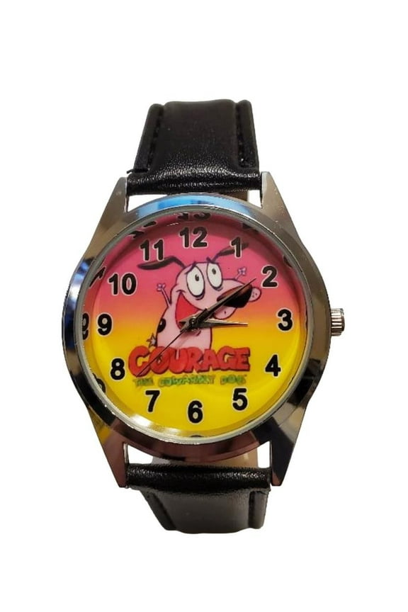 The Cowardly Dog Cartoon Character Quartz Black Leather Band Wrist Watch