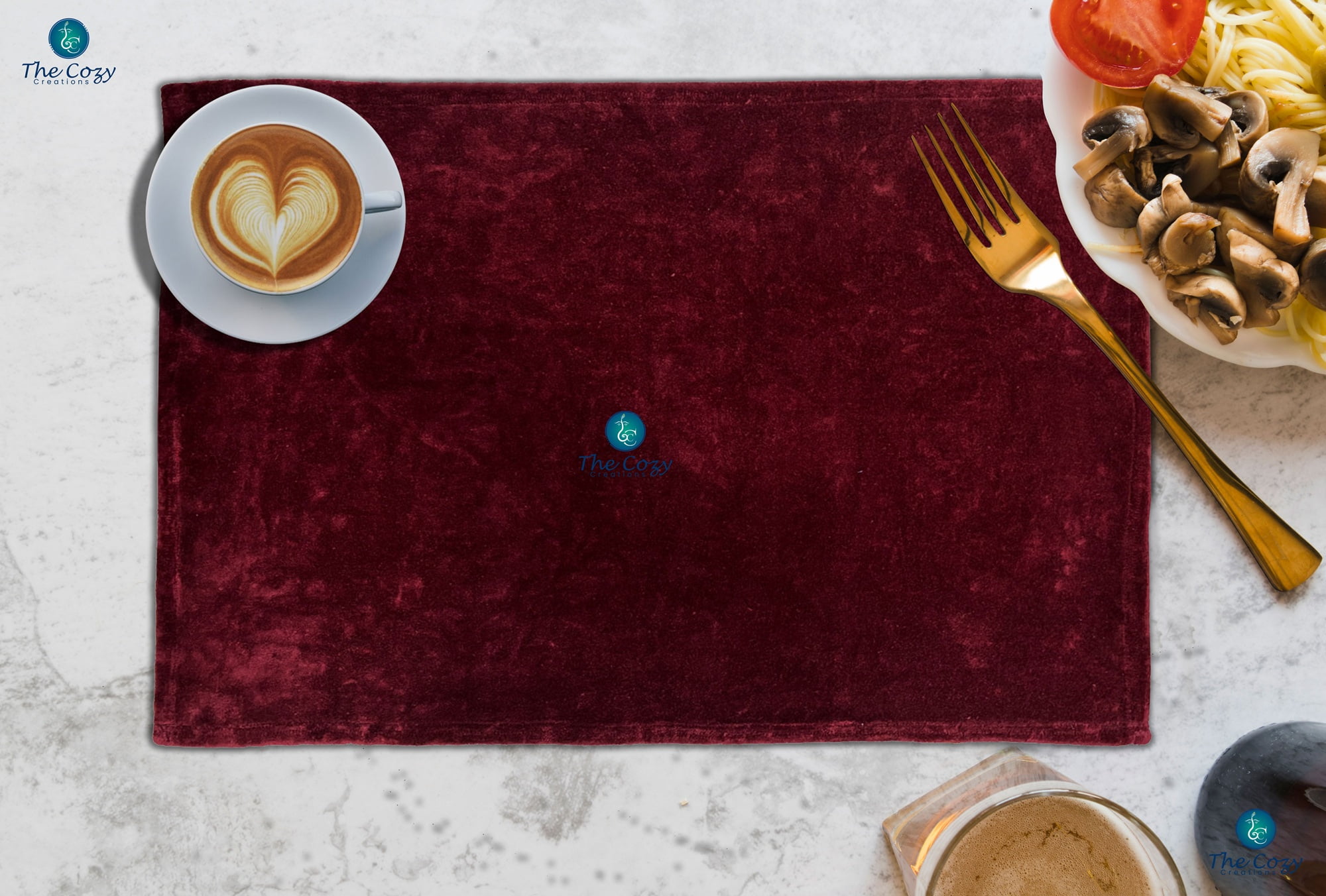 The Cozy Creations Set of 16 Solid Velvet Placemats, Luxurious Dining Table Place Mats Washable Kitchen Mats, Burgundy Velvet Placemat, 13x18 Inch