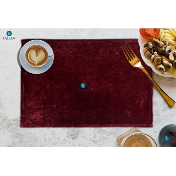 The Cozy Creations Set of 6 Solid Velvet Placemats, Luxurious Dining Table Place Mats Washable Kitchen Mats, Burgundy Velvet Placemat, 13x18 Inch