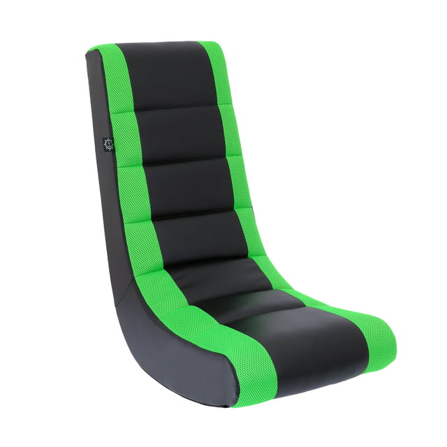 The Crew Furniture Classic Video Rocker Floor Gaming Chair, Kids and Teens, PU Faux Leather & Polyester Mesh, Black/Green
