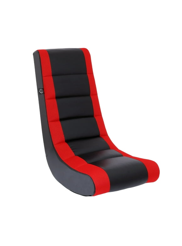 The Crew Furniture Classic Video Rocker Floor Gaming Chair, Kids and Teens, PU Faux Leather & Polyester Mesh, Black/Red