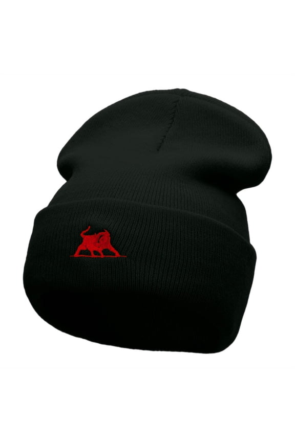 The Crimson Bull Embroidered 12 Inch Long Knitted Beanie - Black OSFM