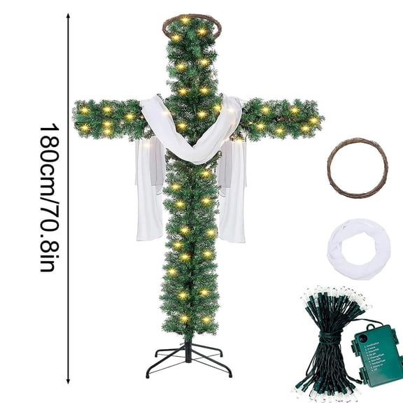 The Cross Christmas Tree, with a String Lights and White Silk Scarf, Foldable PVC Cross Shaped Christmas Tree, Outdoor Home Decoratio-n