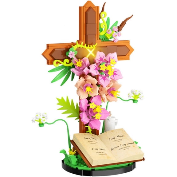 The Cross Flower Building Block Set for Adults, DIY Plastic Brick Kit with Book & Candle - Creative Religious Easter for Women, Mom,