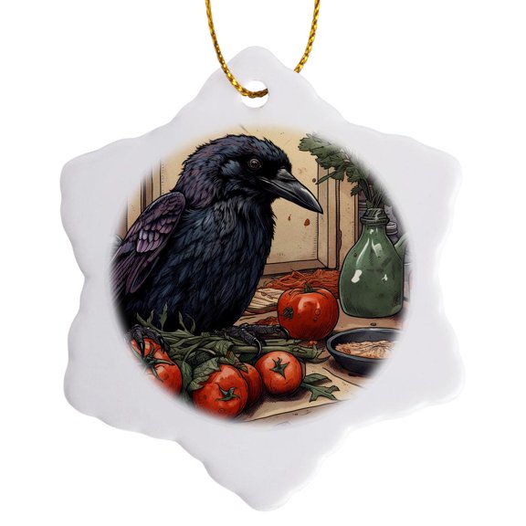 3drose, the Crow in the Kitchen, 3 inch Snowflake Porcelain Ornament