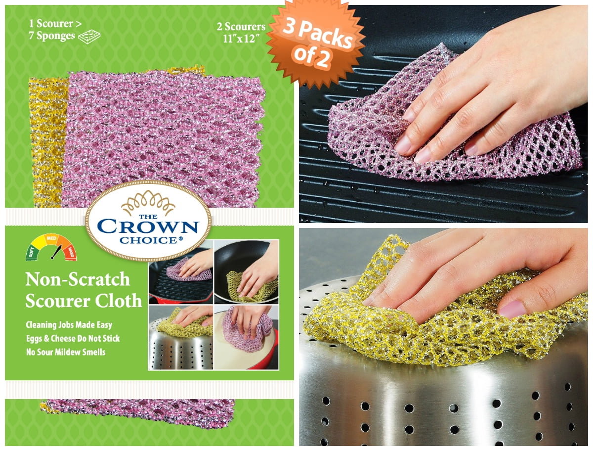 The Crown Choice Non-Scratch HEAVY DUTY Scouring Pad or Pot Scrubber Pads   Nylon Mesh Scrubbing Cloths for Scouring, Dishwashing, Cleaning - 3 Pack of  2 Cloths 