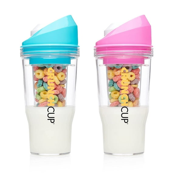 CrunchCup XL Portable Cereal Cup with Dual Chambers, BPA-Free Plastic, Pink & Blue