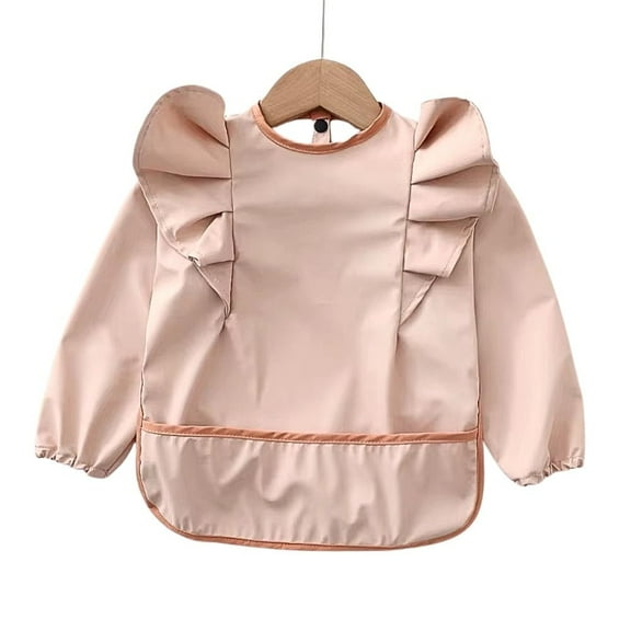 The Cuddly Fig - Waterproof Long Sleeve Ruffle Baby Bib in Solid Pink, Medium 18mos - 3T