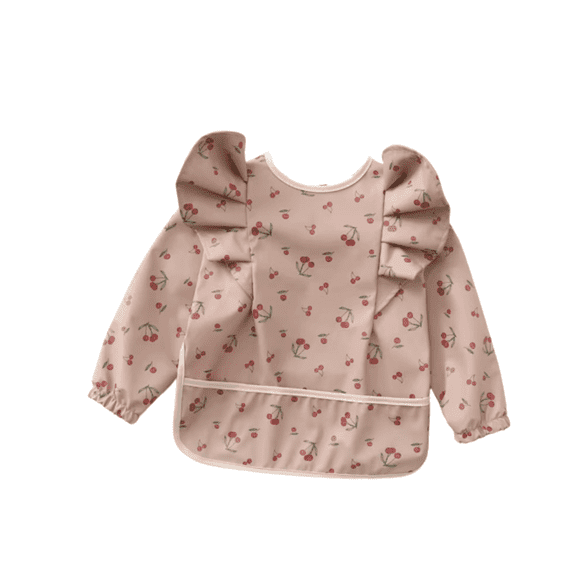 The Cuddly Fig- Waterproof Long Sleeve Ruffle Baby Bib in Pink Cherry, Small 6-18mos
