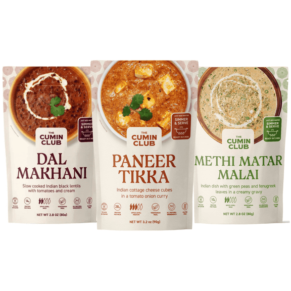 The Cumin Club Indian Instant Meal Kit - Paneer Tikka, Methi Matar Malai, Dal Makhani - Pack of 3