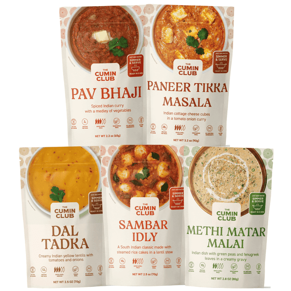 The Cumin Club Variety Pack | 5 Authentic Indian Meals | Ready in 5 Minutes, Just Add Water | All-Natural, No Preservatives | Vegetarian-Friendly