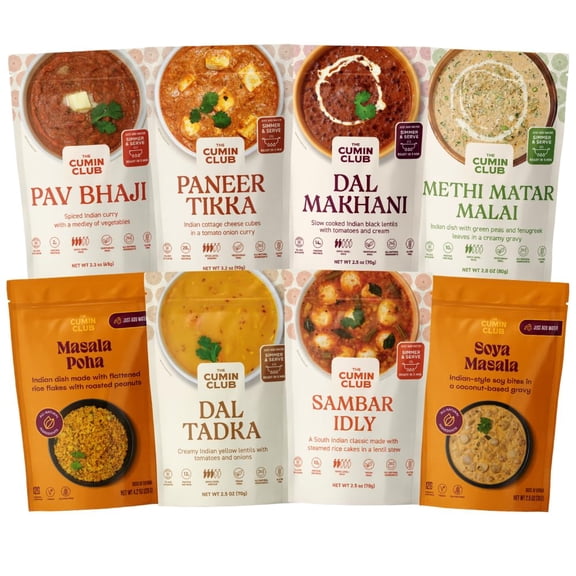The Cumin Club Variety Pack | 8 Authentic Indian Meals | Ready in 5 Minutes, Just Add Water | All-Natural, No Preservatives | Vegetarian-Friendly