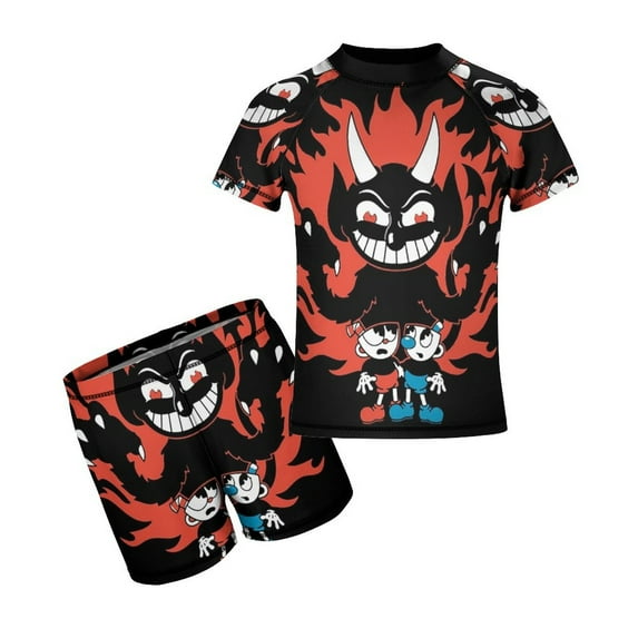 The Cuphead Show Boys 2-Piece Swimsuit Set, Short Sleeve Rash Guard & Swim Trunks