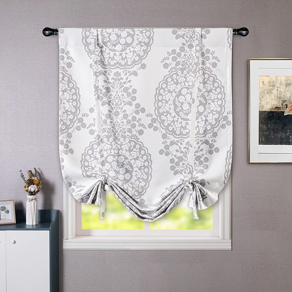 DriftAway Samantha Tie Up Curtain Floral Damask Pattern Room Darkening Thermal Insulated Adjustable Balloon Curtain Shade for Small Window Rod Pocket 1 Panel 31 Inch by 47 Inch Gray
