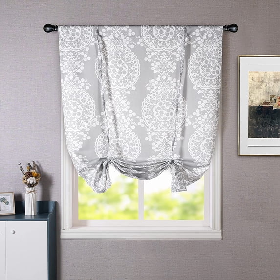 DriftAway Samantha Tie Up Curtain Floral Damask Pattern Room Darkening Thermal Insulated Adjustable Balloon Curtain Shade for Small Window Rod Pocket 1 Panel 45" x 63" Light Gray White