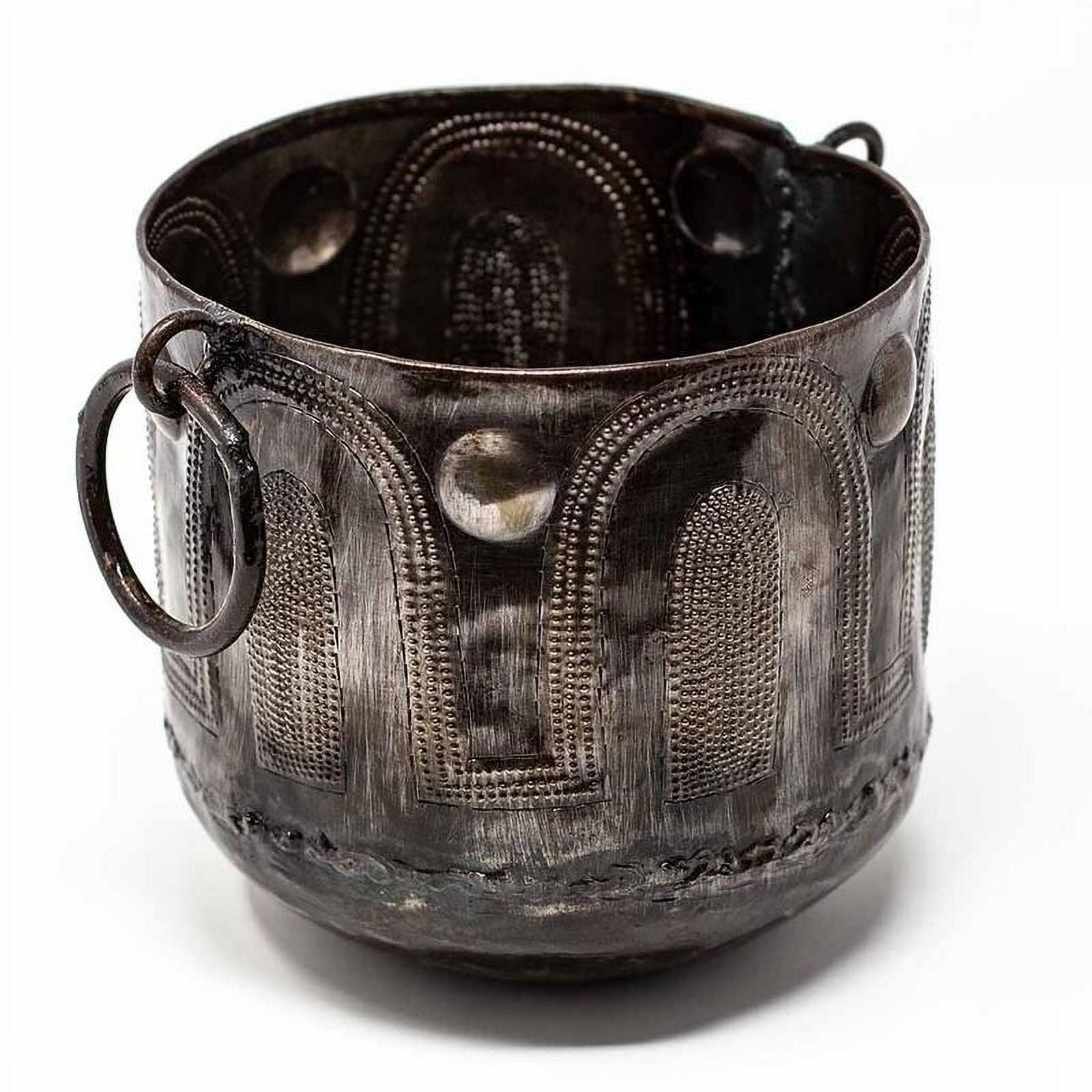 Handmade Hammered Black Metal Round Container with Handles