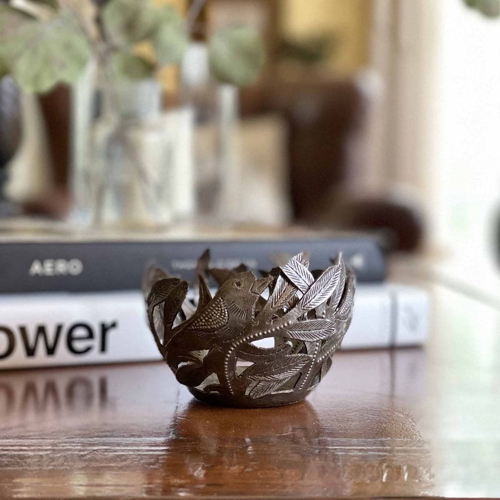 Handcrafted Recycled Steel Birds and Leaves Decorative Bowl