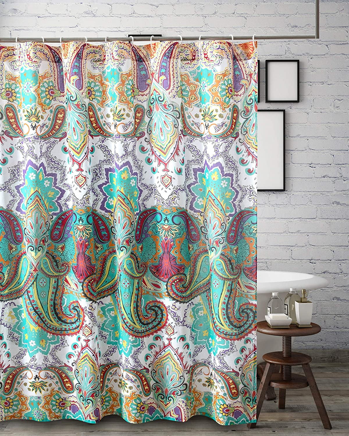 Vibrant Teal and Multicolor Paisley Fabric Shower Curtain, 72" x 72"