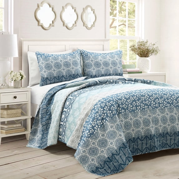 The Curated Nomad La Boheme 3-piece Striped Patterned Quilt Set Navy/Blue Full - Queen Striped