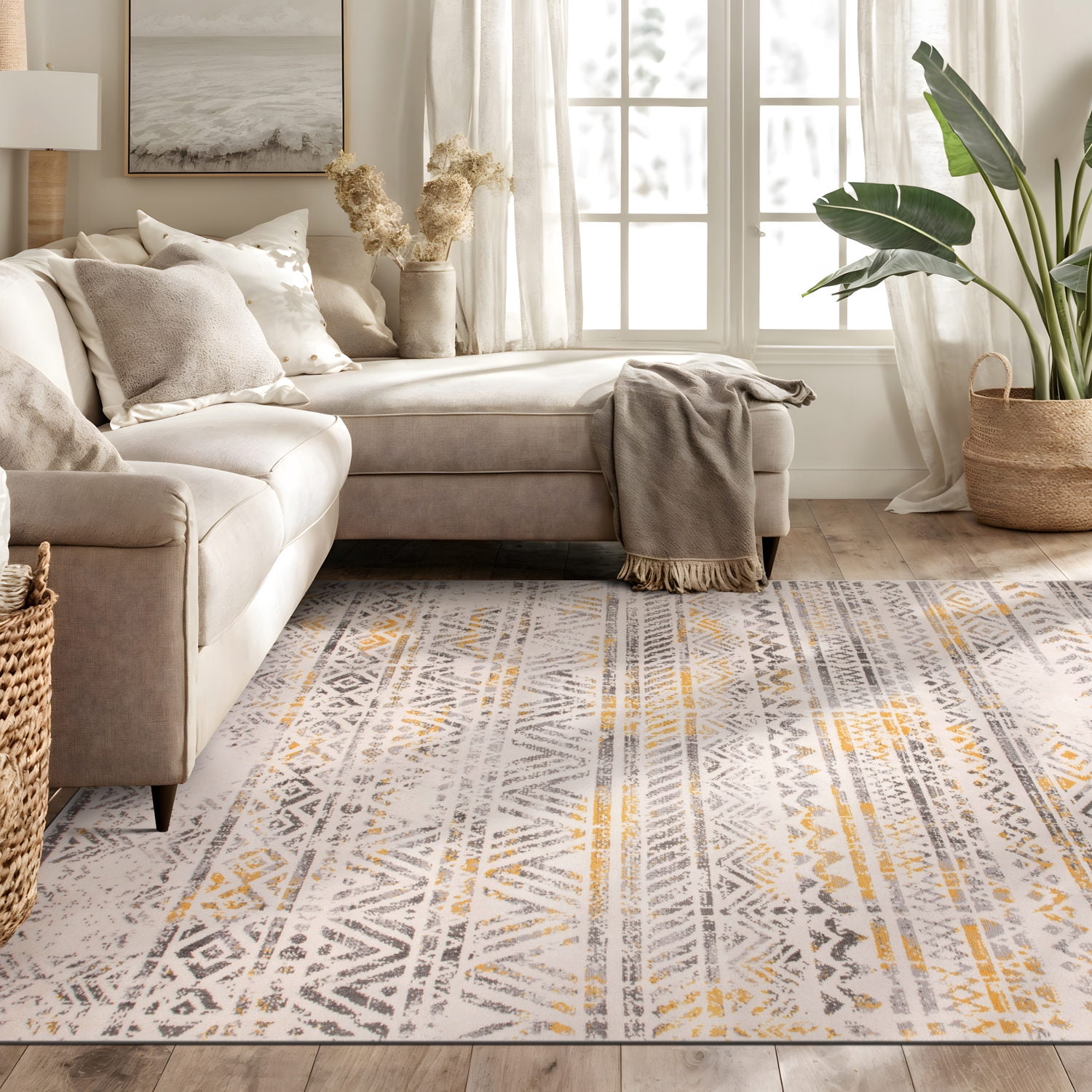 Living Room Geometric Bohemian Design Yellow 5' X 7' Indoor Area Rug ...
