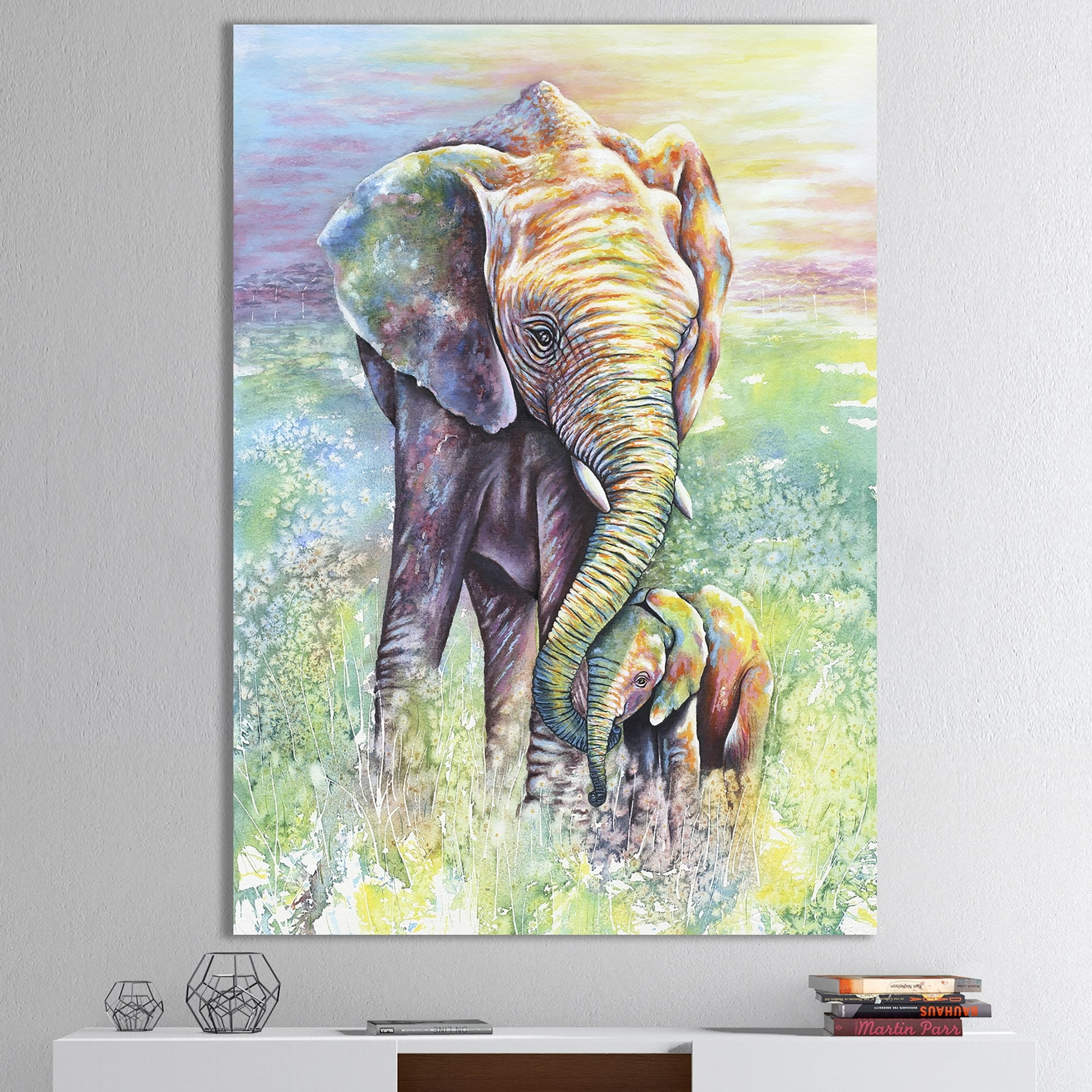 The Curated Nomad Mother and Baby Elephant Rainbow Colors Cottage Canvas  Wall Art 12 in. wide x 20 in. high 