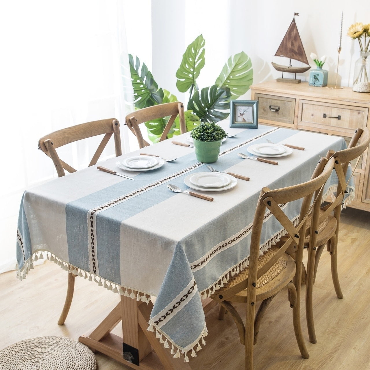 Blue and White Striped Cotton Linen Tablecloth with Tassels 54" x 78"