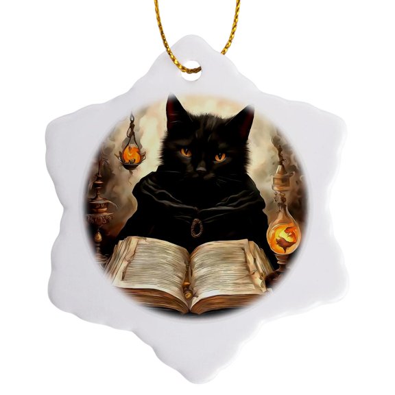3drose, the Curious Black Cat Book of Magic, 3 inch Snowflake Porcelain Ornament