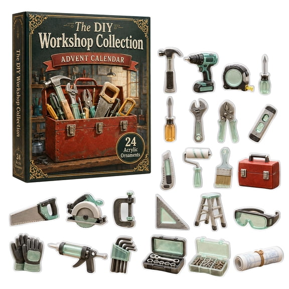 The DIY Workshop Advent Calendar 2026, 24 Acrylic Craft Tool Hanging Ornament Set, The Retro Brown Craft Countdown Surprise Box, 24 Piece Set