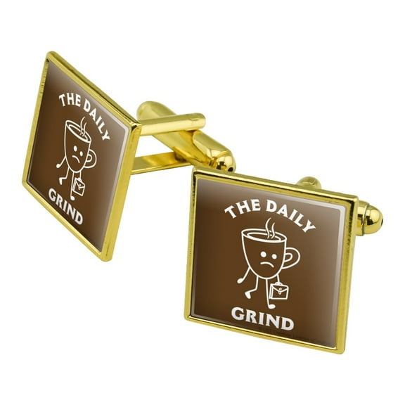 The Daily Grind Coffee Work Funny Humor Square Cufflink Set - Silver or Gold