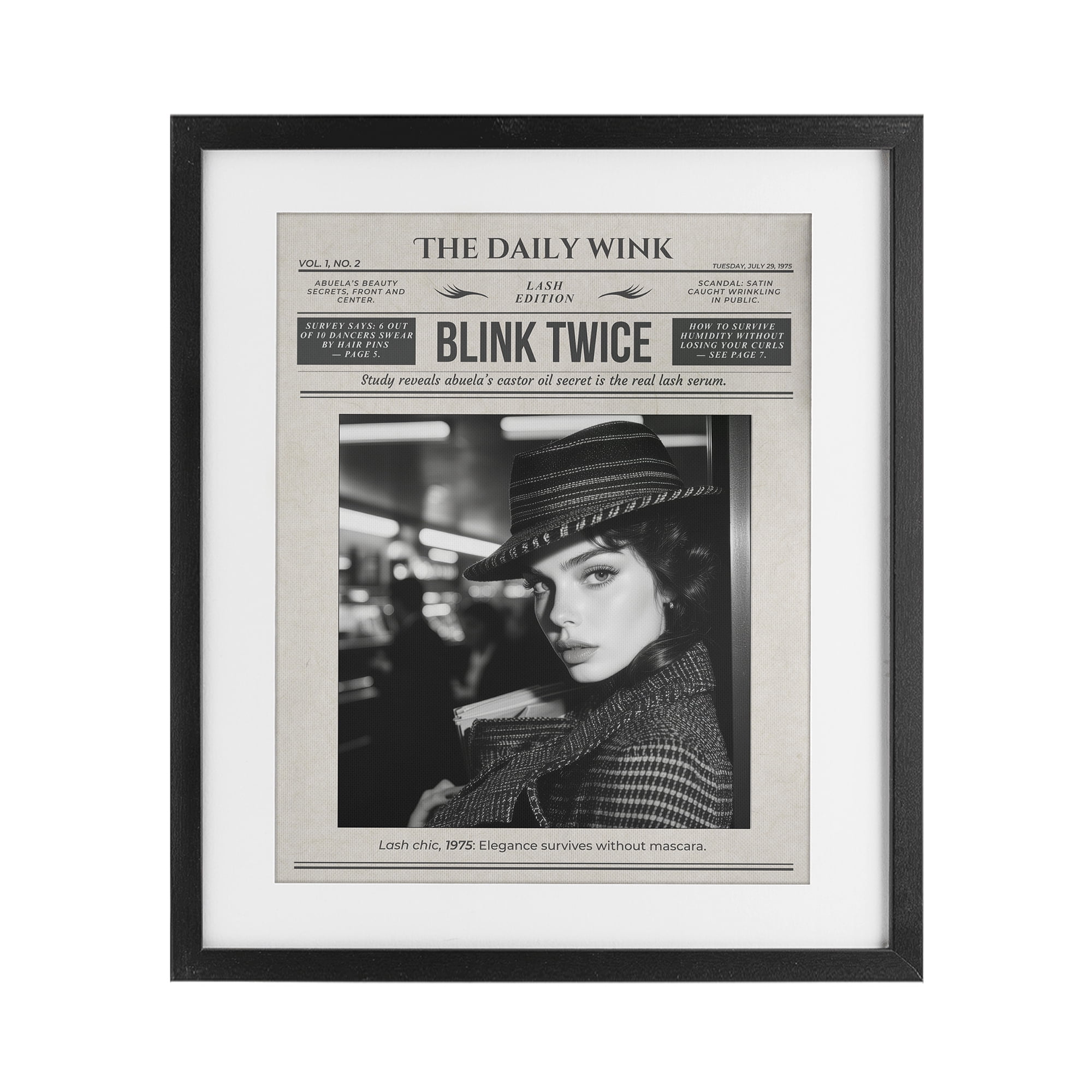 The Daily Wink Magazine Black Framed Print Under Glass, design by A Barefoot Stylist