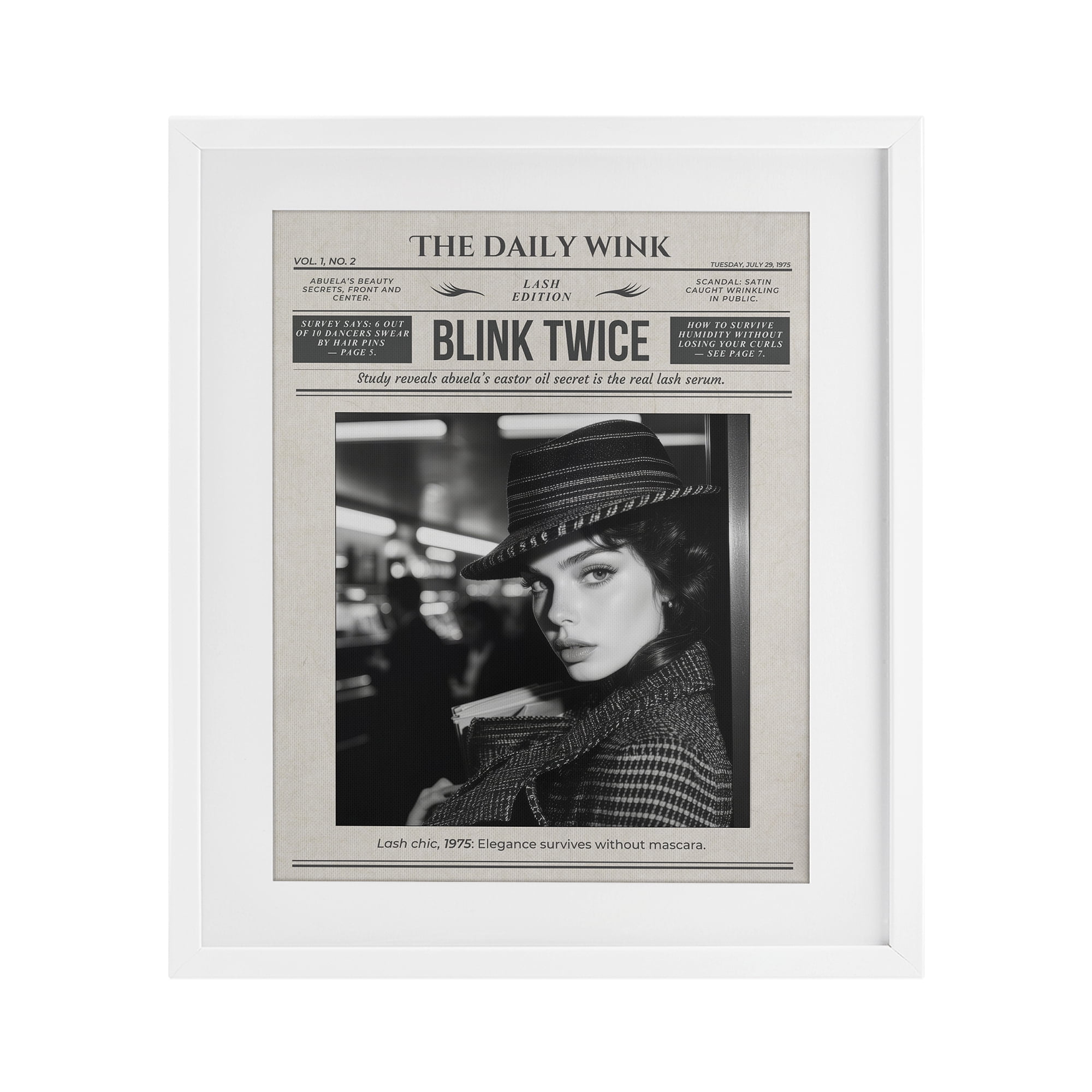 The Daily Wink Magazine White Framed Print Under Glass, design by A Barefoot Stylist
