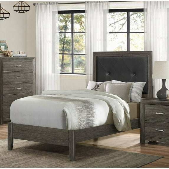 Twin Size wooden platform bed frame with dark gray finish and button-tufted faux leather headboard, suitable for master bedroom.