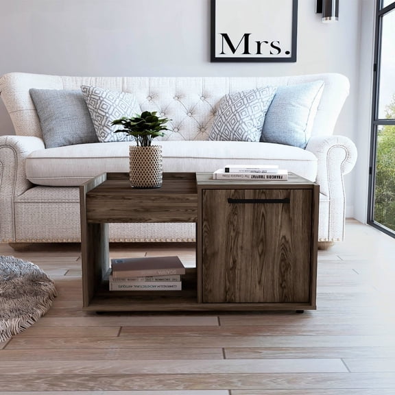 The Dark Walnut Coffee Table with One Open Shelf and a Single Door Cabinet - Ideal for Living Room, Easy to Clean and Space-Saving.