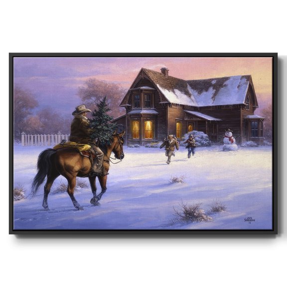 The Day Daddy Brought Home the Tree - Framed Gallery Wrapped Holiday Canvas - 17 x 25 - Black Frame