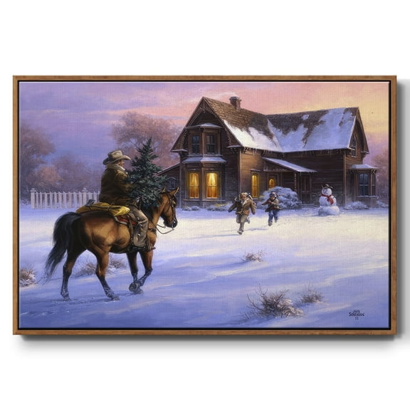 The Day Daddy Brought Home the Tree - Framed Gallery Wrapped Holiday Canvas - 17 x 25 - Rosewood Frame