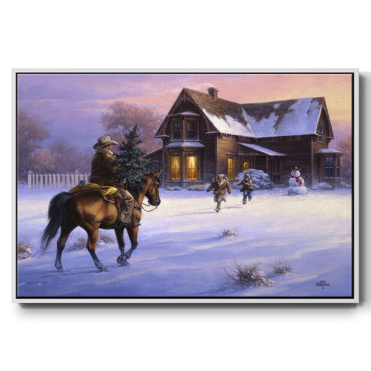 The Day Daddy Brought Home the Tree - Framed Gallery Wrapped Holiday Canvas - 25 x 37 - White Frame
