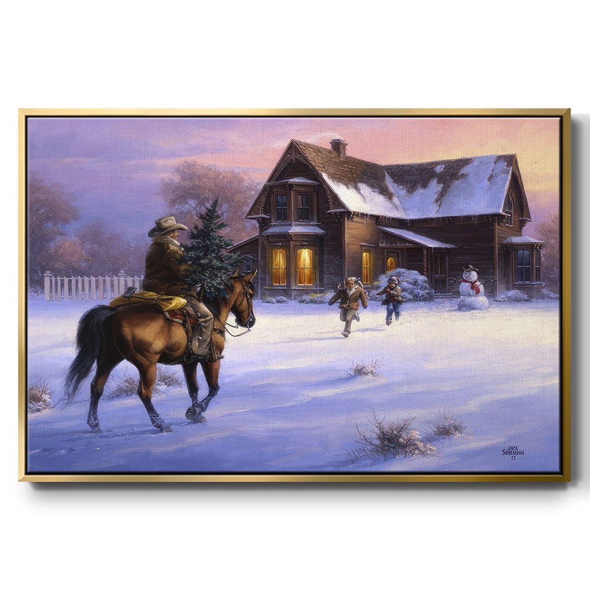 The Day Daddy Brought Home the Tree - Framed Gallery Wrapped Holiday Canvas - 27 x 41 - Gold Frame